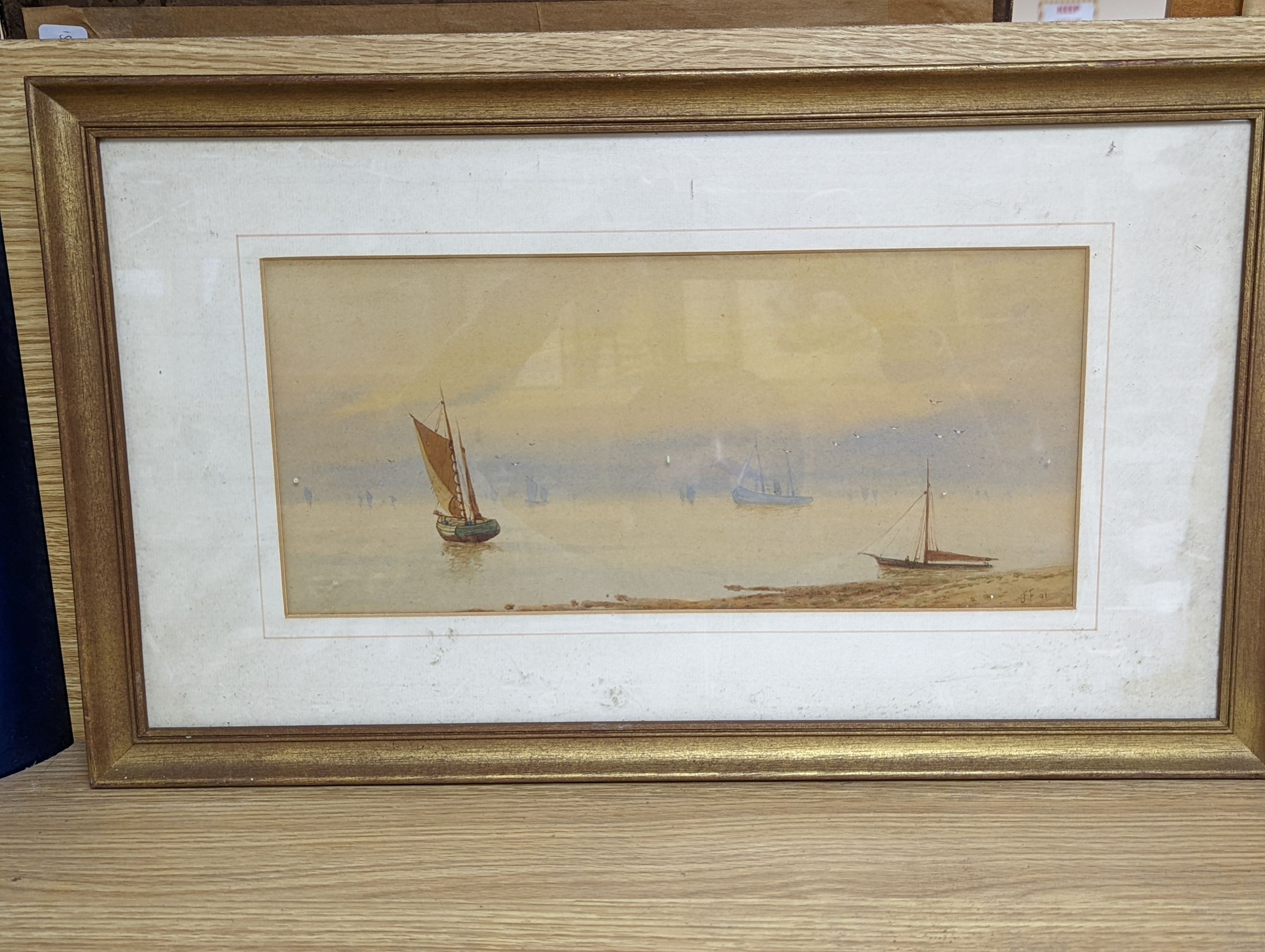 J. Coulson, oil on card, View along the Nile, signed and dated, 1921, 24 x 49cm, a watercolour of fishing boats along the shore and a watercolour of lake scene